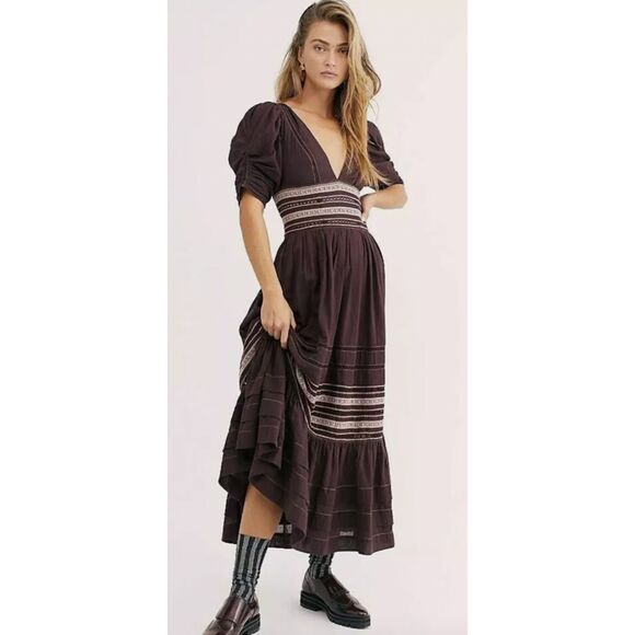 Free People Delicacy Peasant Embroidered Boho Brown Cotton Dress. size 4 - Picture 1 of 4